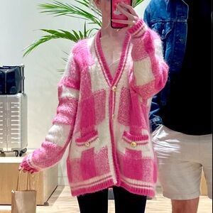 Maje Pink and White Plaid Sweater